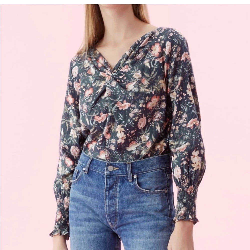 Rebecca Taylor La Vie Secret Garden Green Glass Floral Twist front Blouse XS